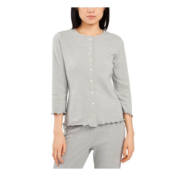 RILEY&RAE Tops - RILEY&RAE Womens Gray Ruffled Cardigan Long Sleeve Crew Neck Button Up Top XS
